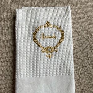 Harrods Tea Towel, Gold Embroidered, 100% Cotton, Rectangular, White